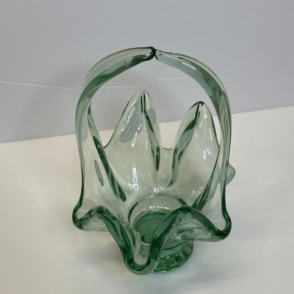 Vintage Blown Art Glass Basket, Green - Picture 1 of 6